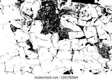 Grunge overlay layer. Abstract black and white vector background. Monochrome vintage surface with dirty pattern in cracks, spots, dots. Old wall in dark horror style design