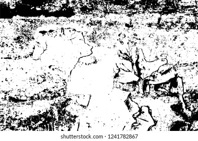 Grunge overlay layer. Abstract black and white vector background. Monochrome vintage surface with dirty pattern in cracks, spots, dots. Old wall in dark horror style design