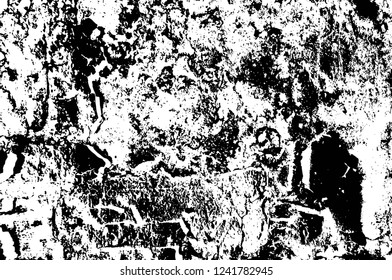 Grunge overlay layer. Abstract black and white vector background. Monochrome vintage surface with dirty pattern in cracks, spots, dots. Old wall in dark horror style design