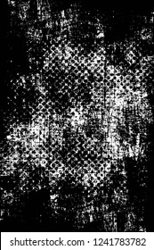 Grunge overlay layer. Abstract black and white vector background. Monochrome vintage surface with dirty pattern in cracks, spots, dots. Old wall in dark horror style design