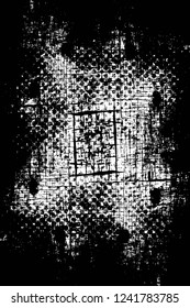 Grunge overlay layer. Abstract black and white vector background. Monochrome vintage surface with dirty pattern in cracks, spots, dots. Old wall in dark horror style design