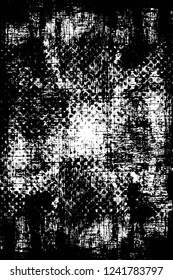 Grunge overlay layer. Abstract black and white vector background. Monochrome vintage surface with dirty pattern in cracks, spots, dots. Old wall in dark horror style design