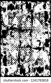 Grunge overlay layer. Abstract black and white vector background. Monochrome vintage surface with dirty pattern in cracks, spots, dots. Old wall in dark horror style design