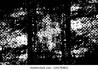 Grunge overlay layer. Abstract black and white vector background. Monochrome vintage surface with dirty pattern in cracks, spots, dots. Old wall in dark horror style design