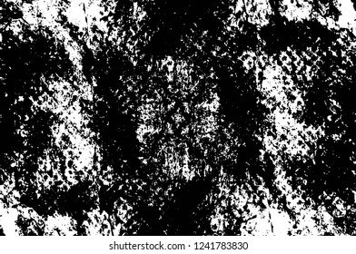 Grunge overlay layer. Abstract black and white vector background. Monochrome vintage surface with dirty pattern in cracks, spots, dots. Old wall in dark horror style design
