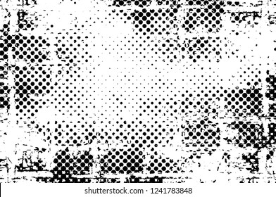 Grunge overlay layer. Abstract black and white vector background. Monochrome vintage surface with dirty pattern in cracks, spots, dots. Old wall in dark horror style design