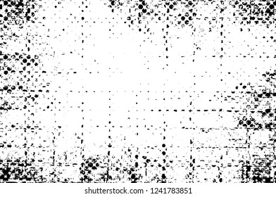 Grunge overlay layer. Abstract black and white vector background. Monochrome vintage surface with dirty pattern in cracks, spots, dots. Old wall in dark horror style design