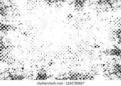 Grunge overlay layer. Abstract black and white vector background. Monochrome vintage surface with dirty pattern in cracks, spots, dots. Old wall in dark horror style design