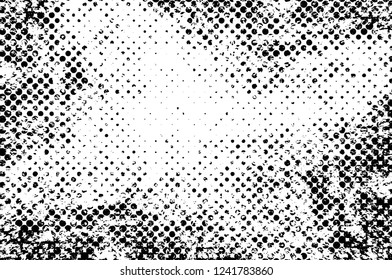 Grunge overlay layer. Abstract black and white vector background. Monochrome vintage surface with dirty pattern in cracks, spots, dots. Old wall in dark horror style design