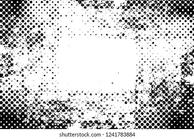 Grunge overlay layer. Abstract black and white vector background. Monochrome vintage surface with dirty pattern in cracks, spots, dots. Old wall in dark horror style design