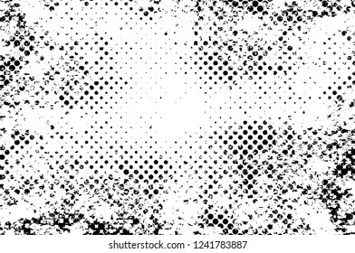 Grunge overlay layer. Abstract black and white vector background. Monochrome vintage surface with dirty pattern in cracks, spots, dots. Old wall in dark horror style design