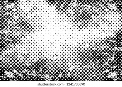 Grunge overlay layer. Abstract black and white vector background. Monochrome vintage surface with dirty pattern in cracks, spots, dots. Old wall in dark horror style design