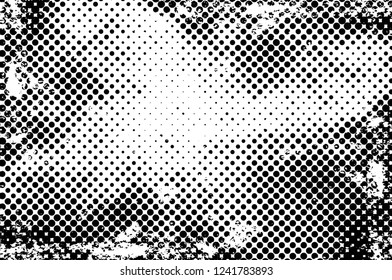 Grunge overlay layer. Abstract black and white vector background. Monochrome vintage surface with dirty pattern in cracks, spots, dots. Old wall in dark horror style design
