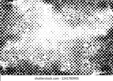 Grunge overlay layer. Abstract black and white vector background. Monochrome vintage surface with dirty pattern in cracks, spots, dots. Old wall in dark horror style design