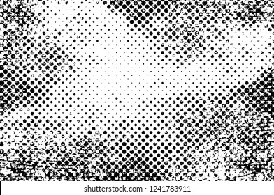 Grunge overlay layer. Abstract black and white vector background. Monochrome vintage surface with dirty pattern in cracks, spots, dots. Old wall in dark horror style design