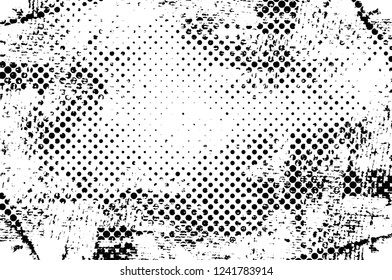 Grunge overlay layer. Abstract black and white vector background. Monochrome vintage surface with dirty pattern in cracks, spots, dots. Old wall in dark horror style design