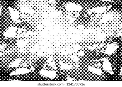 Grunge overlay layer. Abstract black and white vector background. Monochrome vintage surface with dirty pattern in cracks, spots, dots. Old wall in dark horror style design