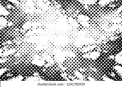 Grunge overlay layer. Abstract black and white vector background. Monochrome vintage surface with dirty pattern in cracks, spots, dots. Old wall in dark horror style design