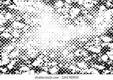 Grunge overlay layer. Abstract black and white vector background. Monochrome vintage surface with dirty pattern in cracks, spots, dots. Old wall in dark horror style design