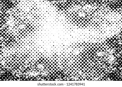 Grunge overlay layer. Abstract black and white vector background. Monochrome vintage surface with dirty pattern in cracks, spots, dots. Old wall in dark horror style design