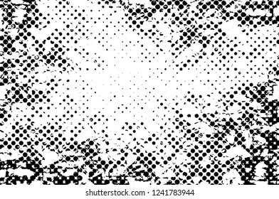 Grunge overlay layer. Abstract black and white vector background. Monochrome vintage surface with dirty pattern in cracks, spots, dots. Old wall in dark horror style design