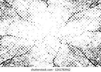 Grunge overlay layer. Abstract black and white vector background. Monochrome vintage surface with dirty pattern in cracks, spots, dots. Old wall in dark horror style design