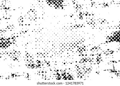 Grunge overlay layer. Abstract black and white vector background. Monochrome vintage surface with dirty pattern in cracks, spots, dots. Old wall in dark horror style design
