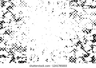 Grunge overlay layer. Abstract black and white vector background. Monochrome vintage surface with dirty pattern in cracks, spots, dots. Old wall in dark horror style design