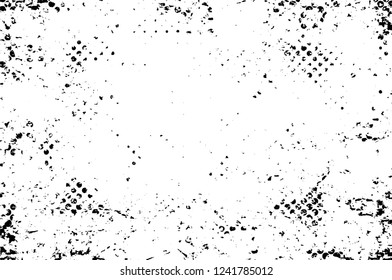 Grunge overlay layer. Abstract black and white vector background. Monochrome vintage surface with dirty pattern in cracks, spots, dots. Old wall in dark horror style design