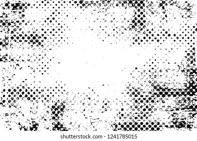Grunge overlay layer. Abstract black and white vector background. Monochrome vintage surface with dirty pattern in cracks, spots, dots. Old wall in dark horror style design