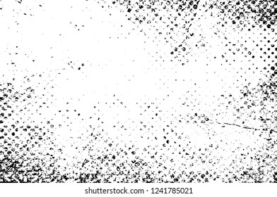Grunge overlay layer. Abstract black and white vector background. Monochrome vintage surface with dirty pattern in cracks, spots, dots. Old wall in dark horror style design