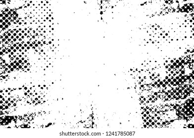 Grunge overlay layer. Abstract black and white vector background. Monochrome vintage surface with dirty pattern in cracks, spots, dots. Old wall in dark horror style design