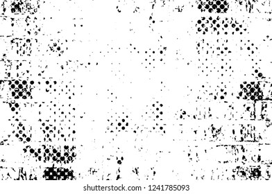 Grunge overlay layer. Abstract black and white vector background. Monochrome vintage surface with dirty pattern in cracks, spots, dots. Old wall in dark horror style design