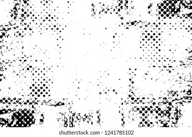 Grunge overlay layer. Abstract black and white vector background. Monochrome vintage surface with dirty pattern in cracks, spots, dots. Old wall in dark horror style design