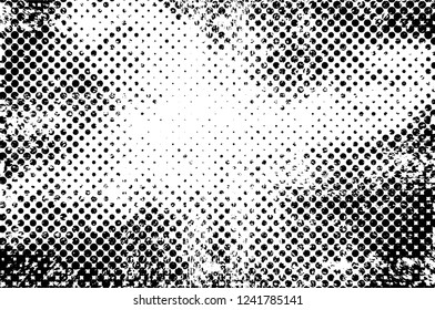 Grunge overlay layer. Abstract black and white vector background. Monochrome vintage surface with dirty pattern in cracks, spots, dots. Old wall in dark horror style design