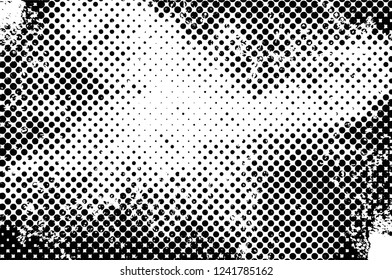 Grunge overlay layer. Abstract black and white vector background. Monochrome vintage surface with dirty pattern in cracks, spots, dots. Old wall in dark horror style design