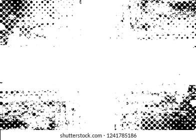 Grunge overlay layer. Abstract black and white vector background. Monochrome vintage surface with dirty pattern in cracks, spots, dots. Old wall in dark horror style design