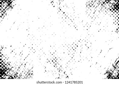 Grunge overlay layer. Abstract black and white vector background. Monochrome vintage surface with dirty pattern in cracks, spots, dots. Old wall in dark horror style design