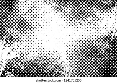 Grunge overlay layer. Abstract black and white vector background. Monochrome vintage surface with dirty pattern in cracks, spots, dots. Old wall in dark horror style design