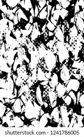 Grunge overlay layer. Abstract black and white vector background. Monochrome vintage surface with dirty pattern in cracks, spots, dots. Old wall in dark horror style design