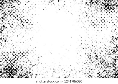 Grunge overlay layer. Abstract black and white vector background. Monochrome vintage surface with dirty pattern in cracks, spots, dots. Old wall in dark horror style design