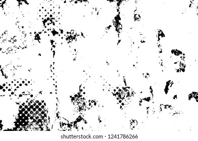 Grunge overlay layer. Abstract black and white vector background. Monochrome vintage surface with dirty pattern in cracks, spots, dots. Old wall in dark horror style design