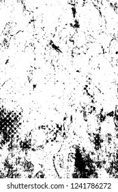 Grunge overlay layer. Abstract black and white vector background. Monochrome vintage surface with dirty pattern in cracks, spots, dots. Old wall in dark horror style design