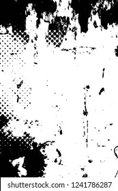 Grunge overlay layer. Abstract black and white vector background. Monochrome vintage surface with dirty pattern in cracks, spots, dots. Old wall in dark horror style design