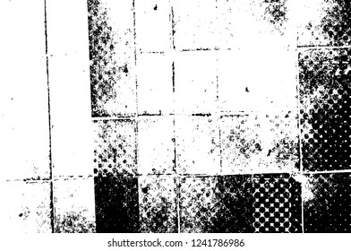 Grunge overlay layer. Abstract black and white vector background. Monochrome vintage surface with dirty pattern in cracks, spots, dots. Old wall in dark horror style design