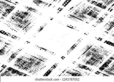 Grunge overlay layer. Abstract black and white vector background. Monochrome vintage surface with dirty pattern in cracks, spots, dots. Old wall in dark horror style design