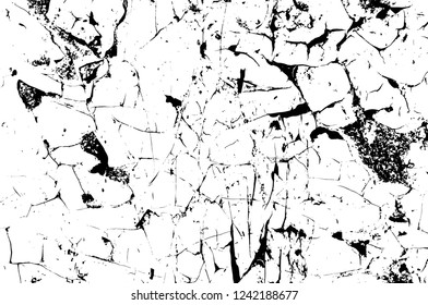 Grunge overlay layer. Abstract black and white vector background. Monochrome vintage surface with dirty pattern in cracks, spots, dots. Old wall in dark horror style design