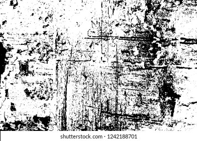 Grunge overlay layer. Abstract black and white vector background. Monochrome vintage surface with dirty pattern in cracks, spots, dots. Old wall in dark horror style design