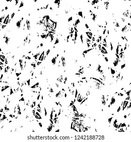 Grunge overlay layer. Abstract black and white vector background. Monochrome vintage surface with dirty pattern in cracks, spots, dots. Old wall in dark horror style design