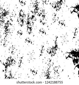 Grunge overlay layer. Abstract black and white vector background. Monochrome vintage surface with dirty pattern in cracks, spots, dots. Old wall in dark horror style design